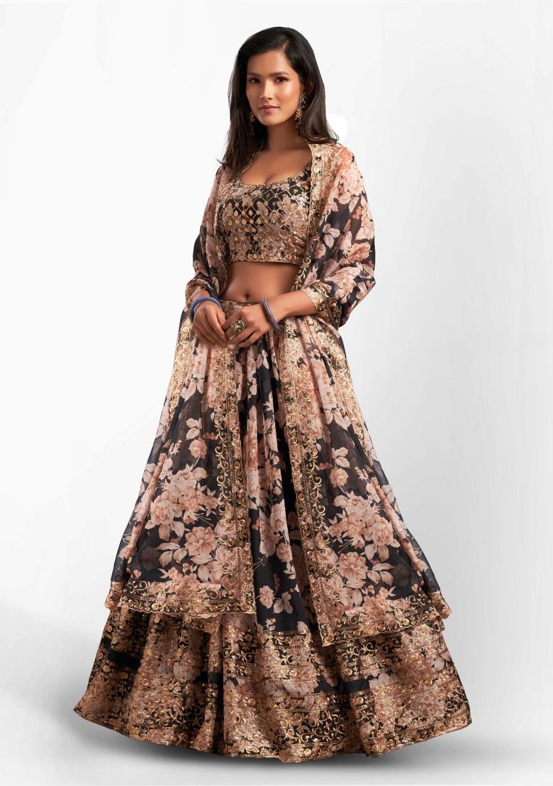 Black Embroidered Crepe Lehenga Set - Indya