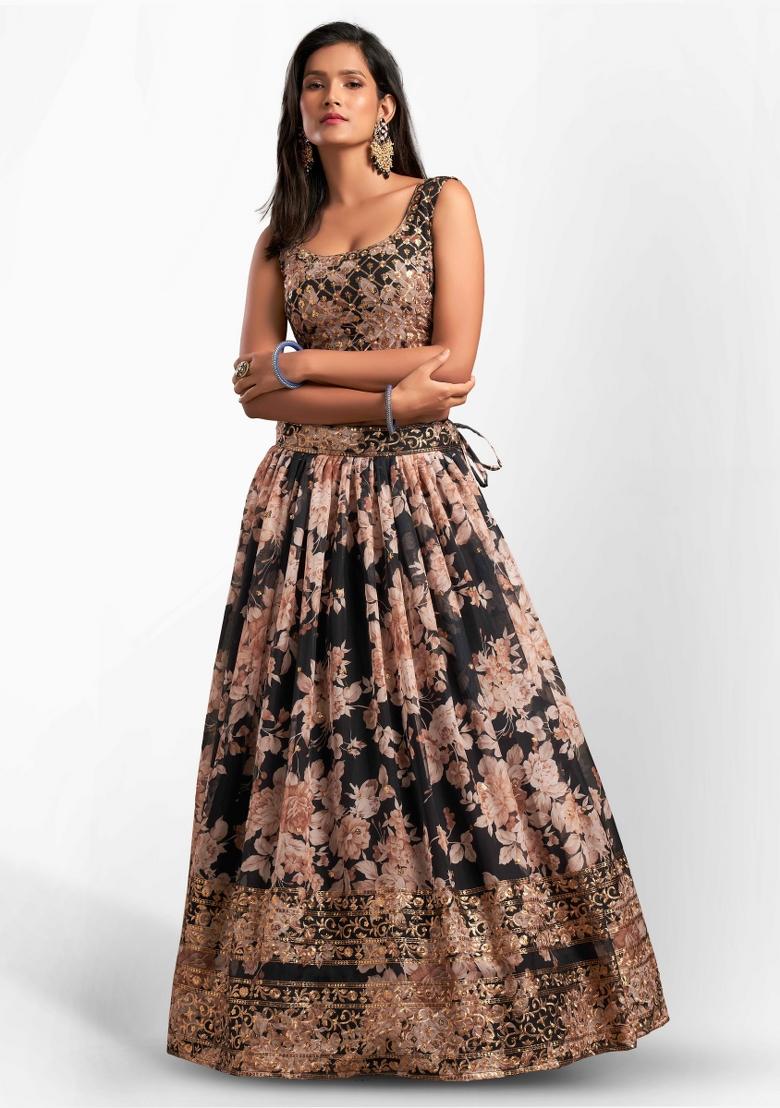 Black Embroidered Crepe Lehenga Set