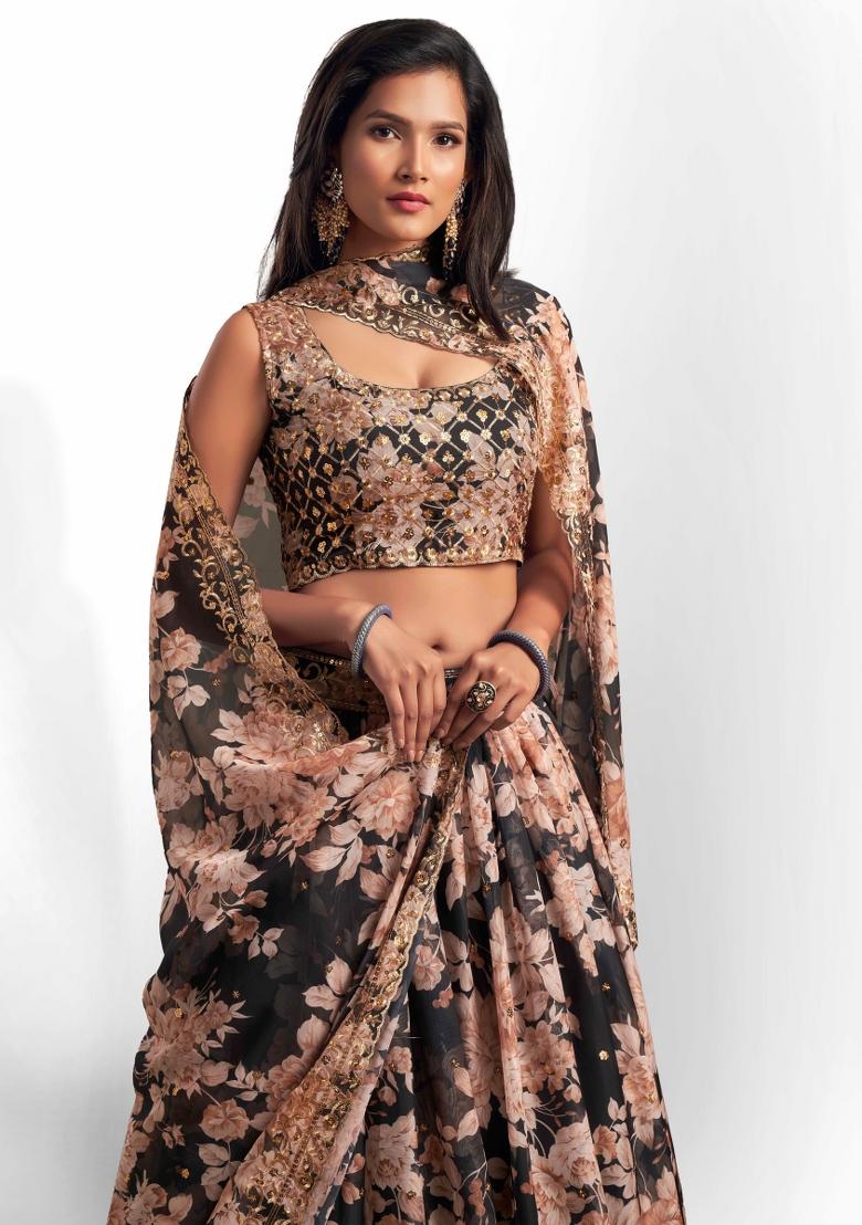 Black Embroidered Crepe Lehenga Set - Indya