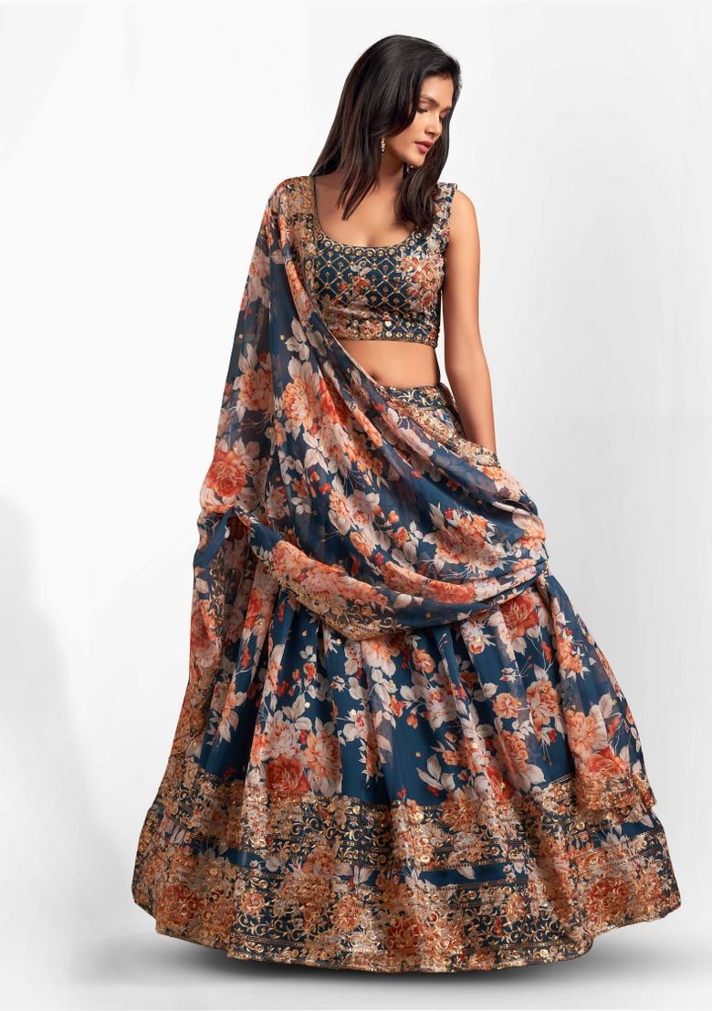 Dove Blue Embroidered Crepe Lehenga Set - Indya