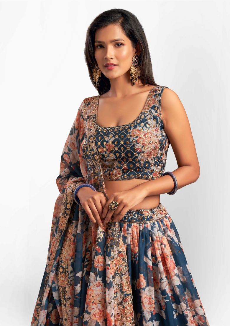 Dove Blue Embroidered Crepe Lehenga Set - Indya