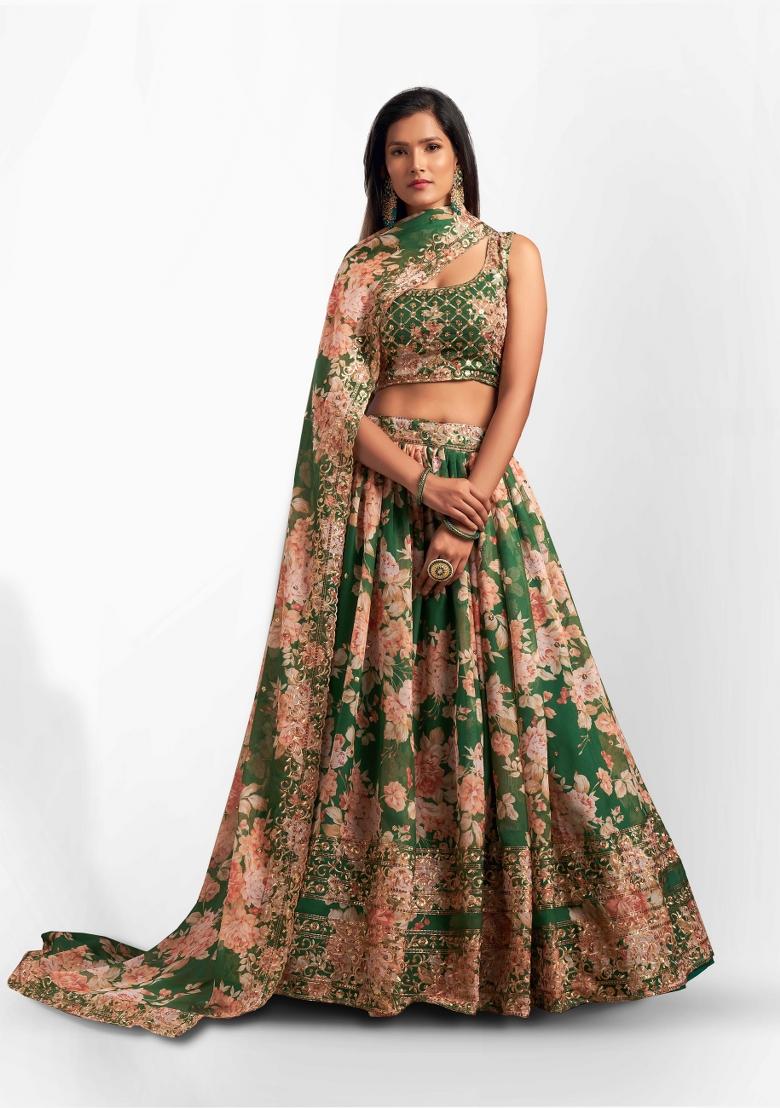Green Embroidered Crepe Lehenga Set