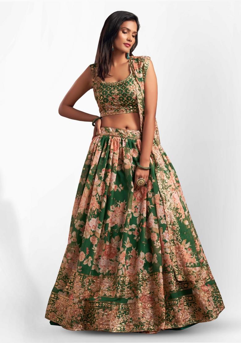Green Embroidered Crepe Lehenga Set - Indya