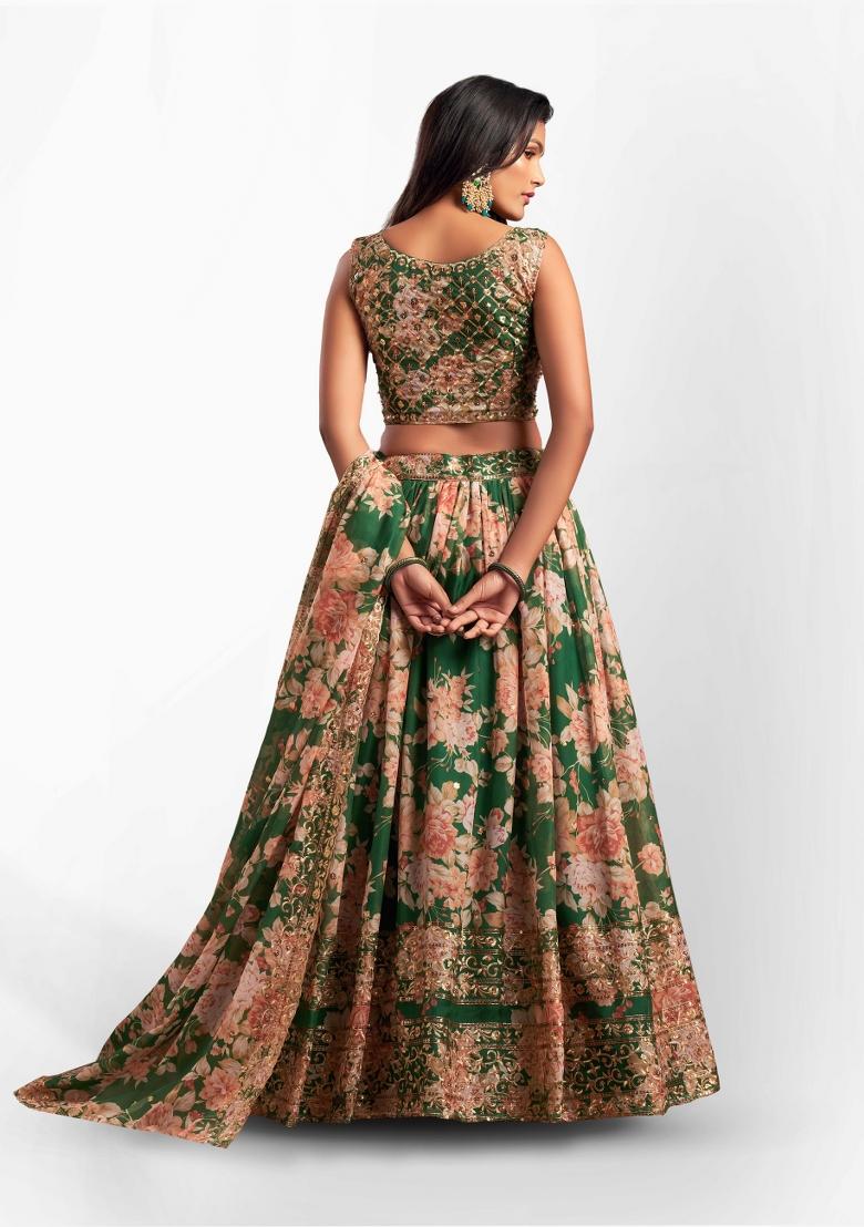 Green Embroidered Crepe Lehenga Set