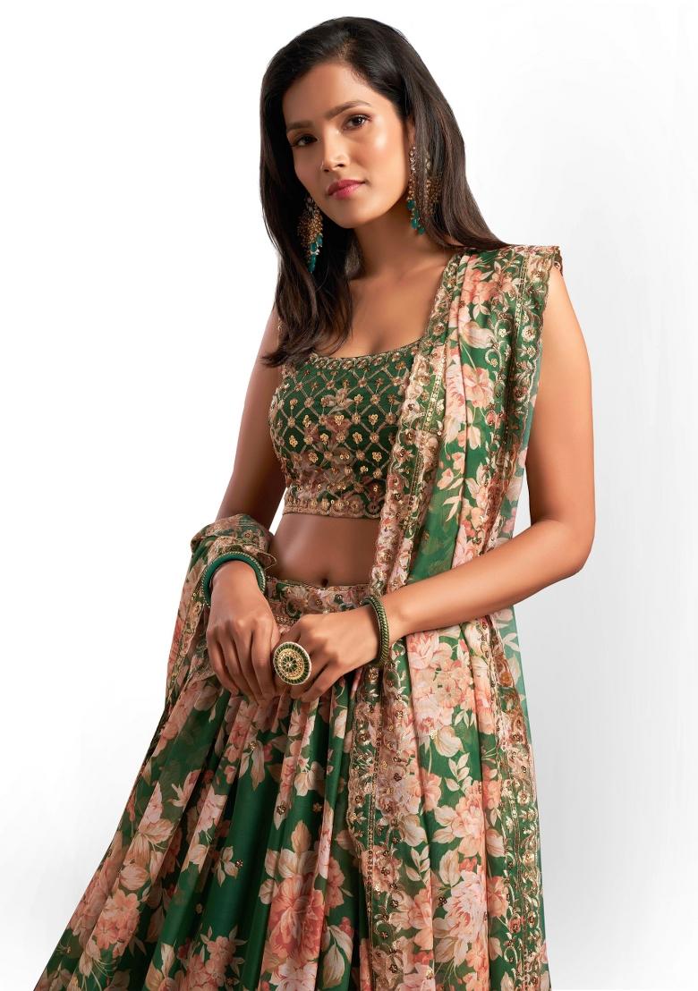 Green Embroidered Crepe Lehenga Set - Indya