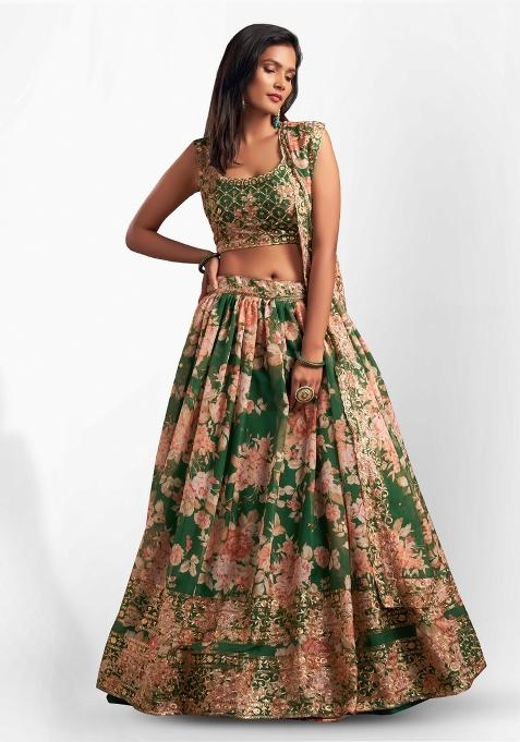 Green Embroidered Crepe Lehenga Set