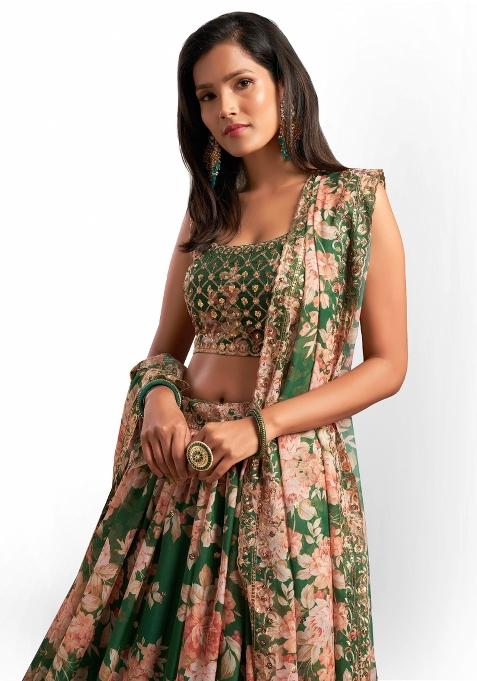 Green Embroidered Crepe Lehenga Set