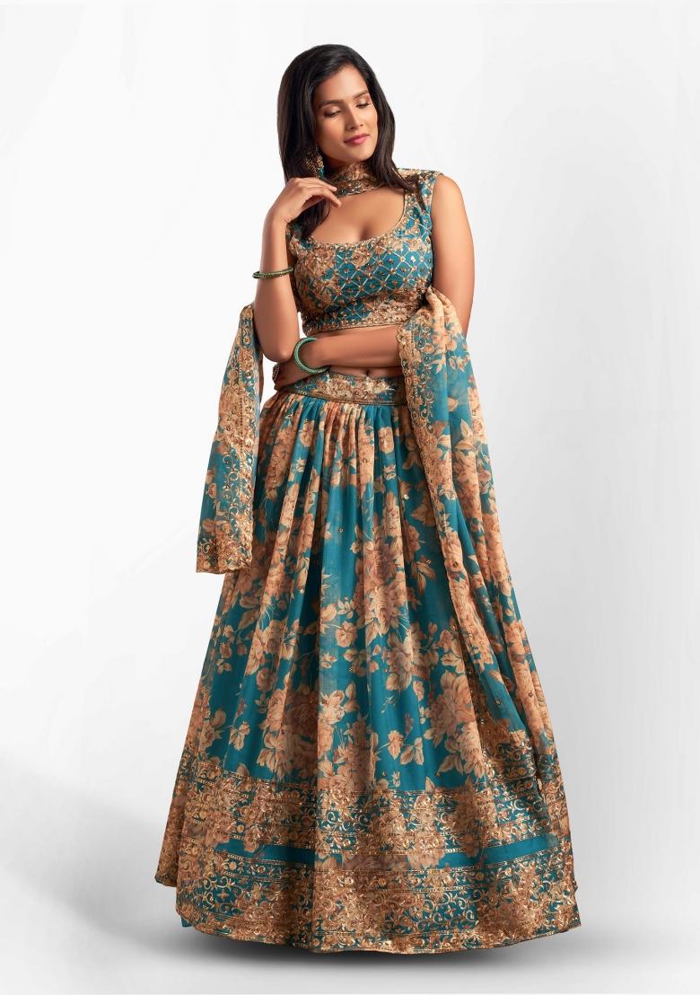 Turquoise Embroidered Crepe Lehenga Set - Indya