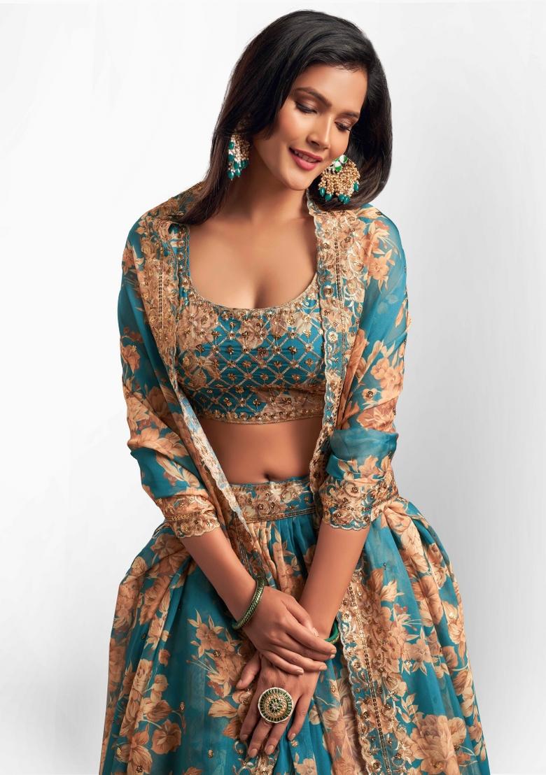 Turquoise Embroidered Crepe Lehenga Set - Indya