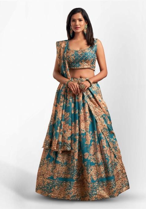 Turquoise Embroidered Crepe Lehenga Set