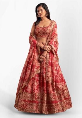Red Embroidered Crepe Lehenga Set