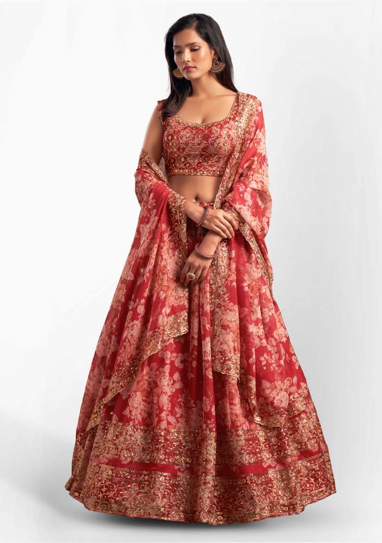 Red Crepe Lehenga Set with Embroidered for Diwali | Wedding & Festive Wear - Indya