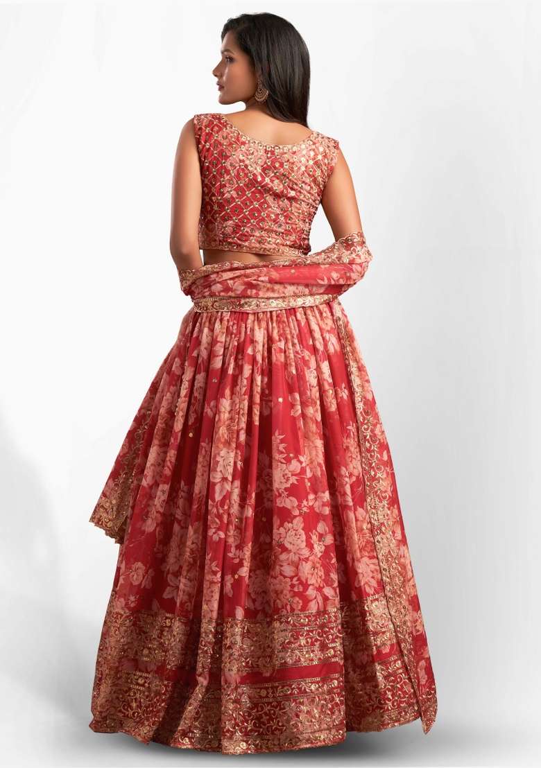 Red Crepe Lehenga Set with Embroidered for Diwali | Wedding & Festive Wear - Indya