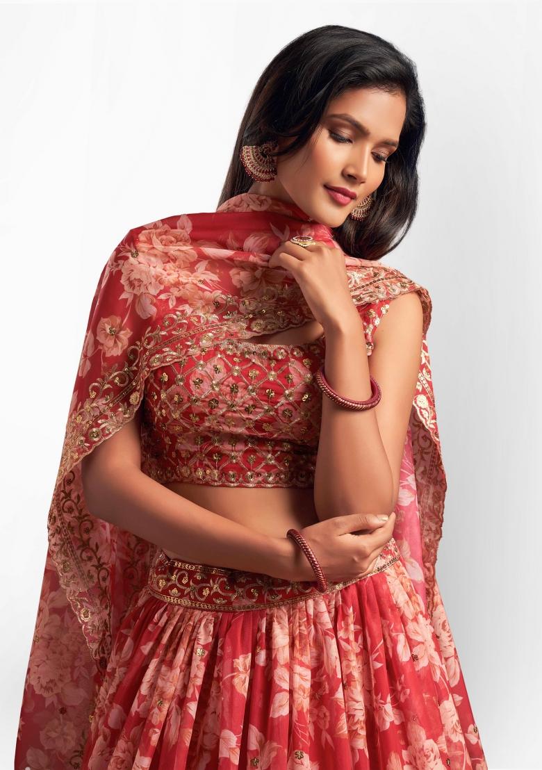 Red Embroidered Crepe Lehenga Set - Indya