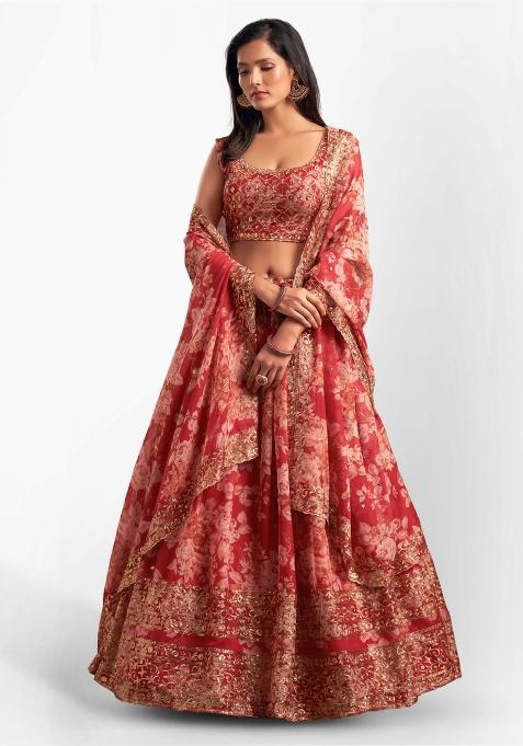 Red Embroidered Crepe Lehenga Set