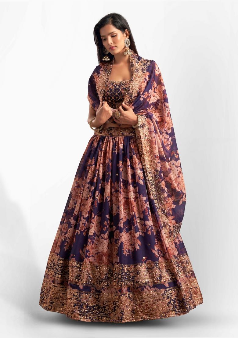 Purple Embroidered Crepe Lehenga Set - Indya