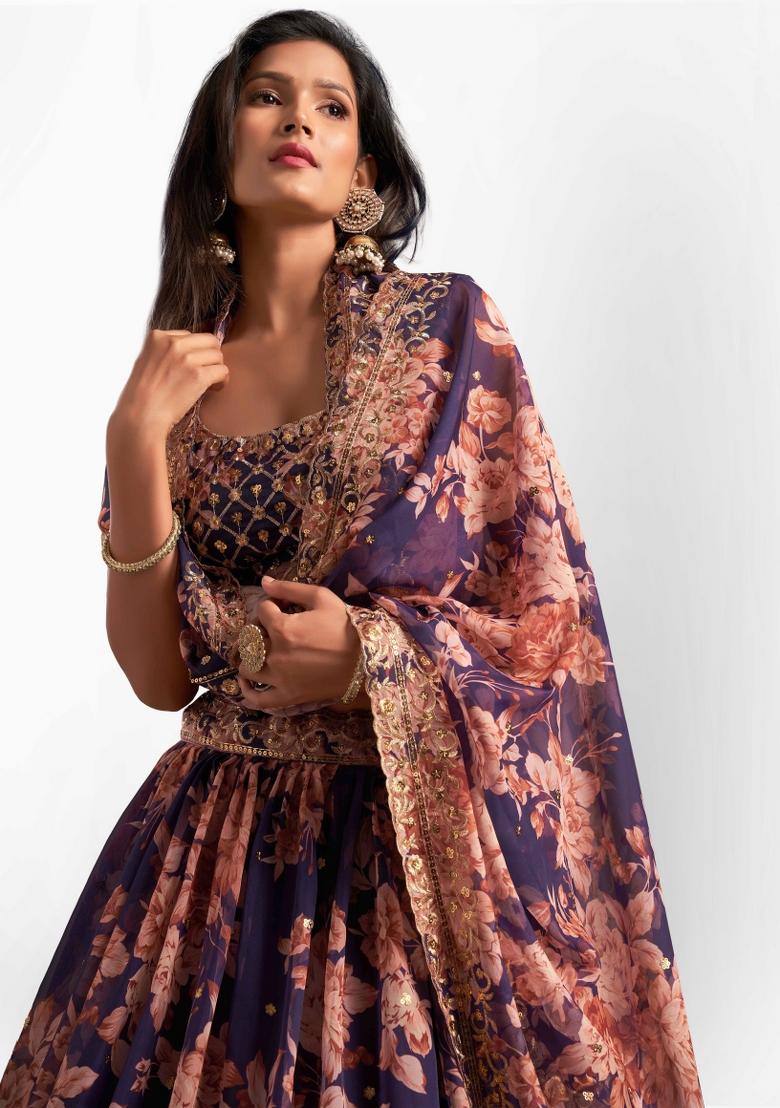 Purple Embroidered Crepe Lehenga Set - Indya