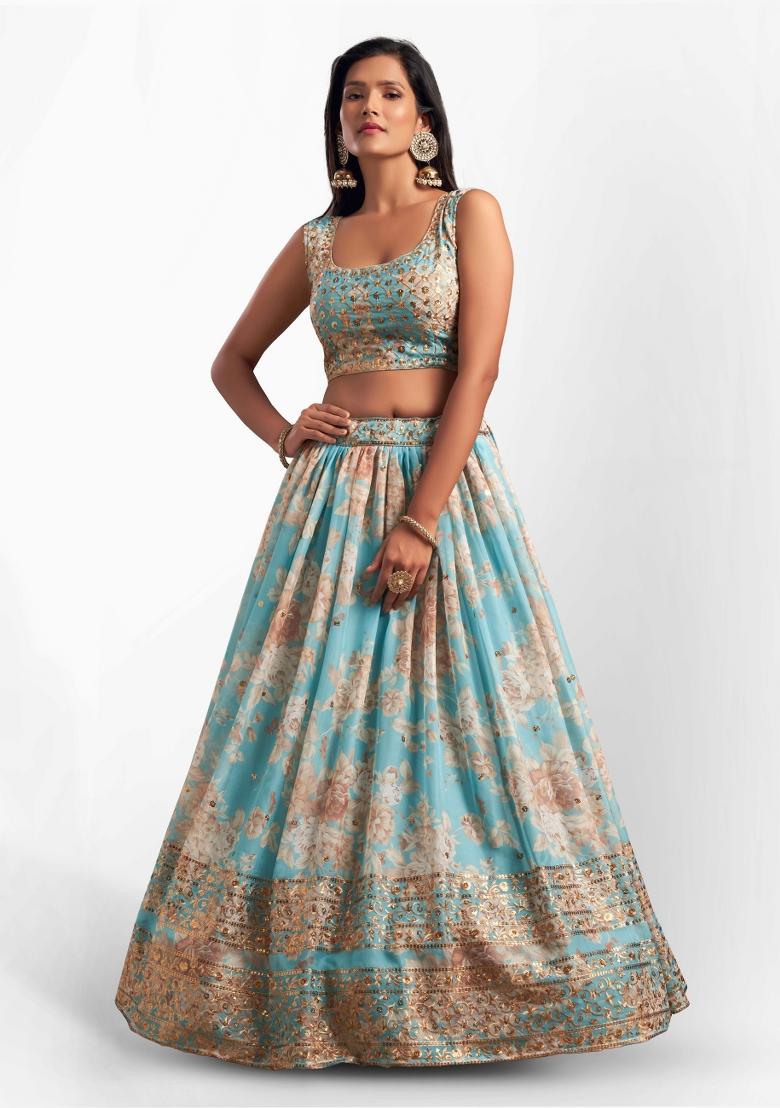 Sky Blue Embroidered Crepe Lehenga Set - Indya