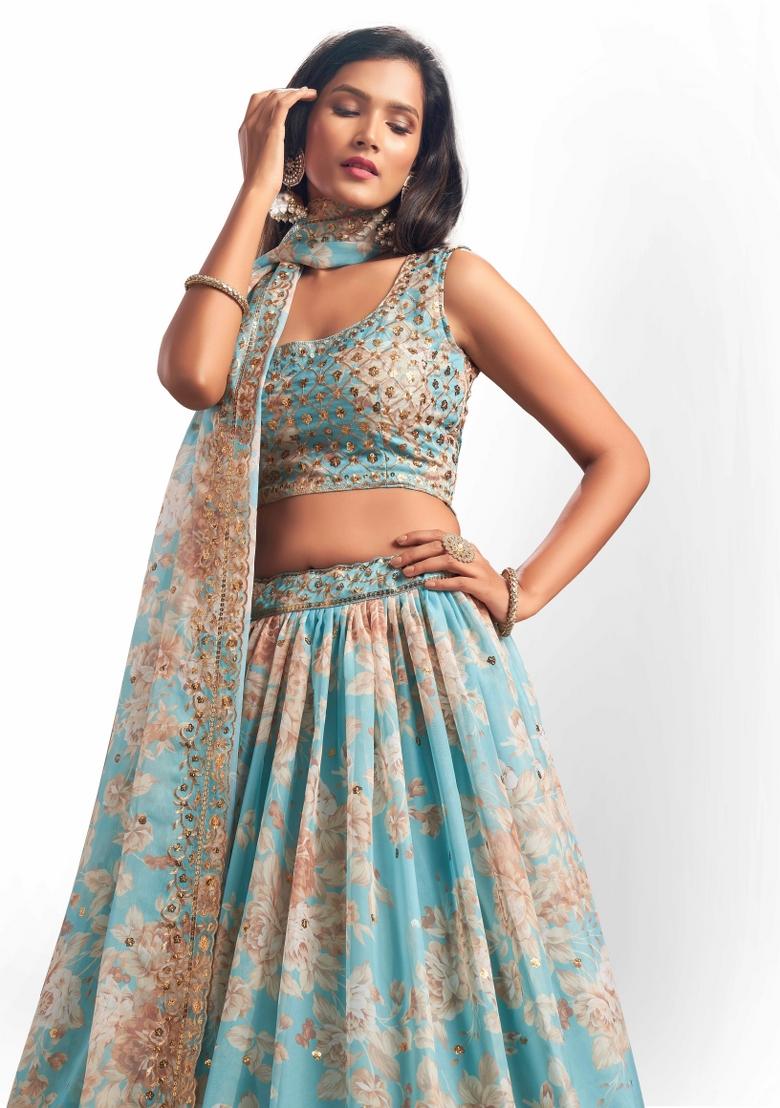 Sky Blue Embroidered Crepe Lehenga Set - Indya