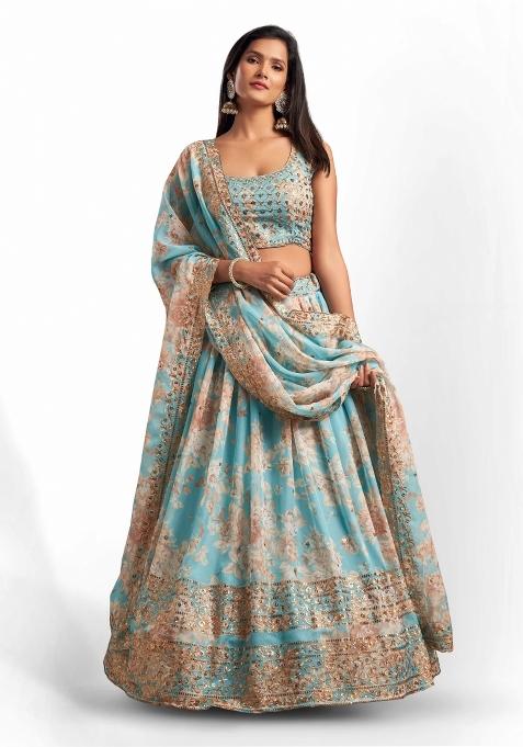 Sky Blue Embroidered Crepe Lehenga Set