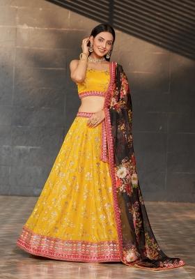 Yellow Thread Embroidery Crepe Lehenga Set
