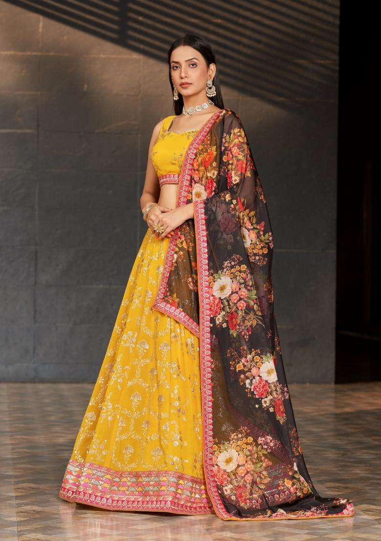 Yellow Thread Embroidery Crepe Lehenga Set - Indya