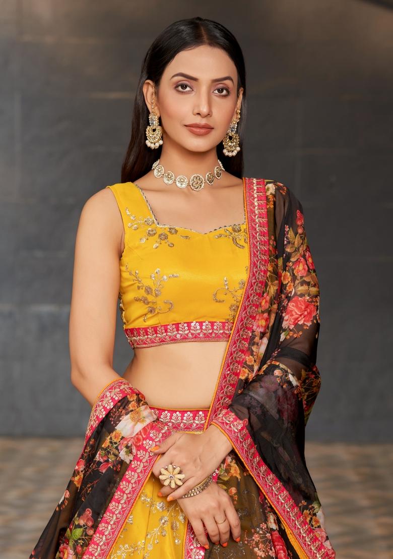 Yellow Thread Embroidery Crepe Lehenga Set - Indya