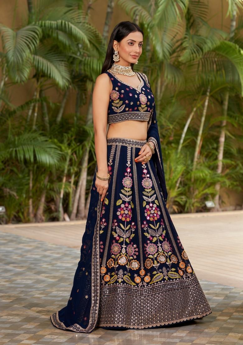 Navy Blue Thread Embroidery Crepe Lehenga Set - Indya