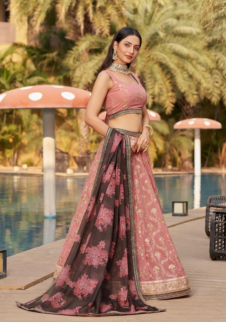 Dusty Pink Thread Embroidery Crepe Lehenga Set - Indya