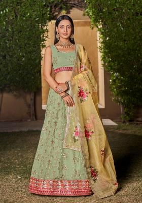 Pista Green Thread Embroidery Crepe Lehenga Set