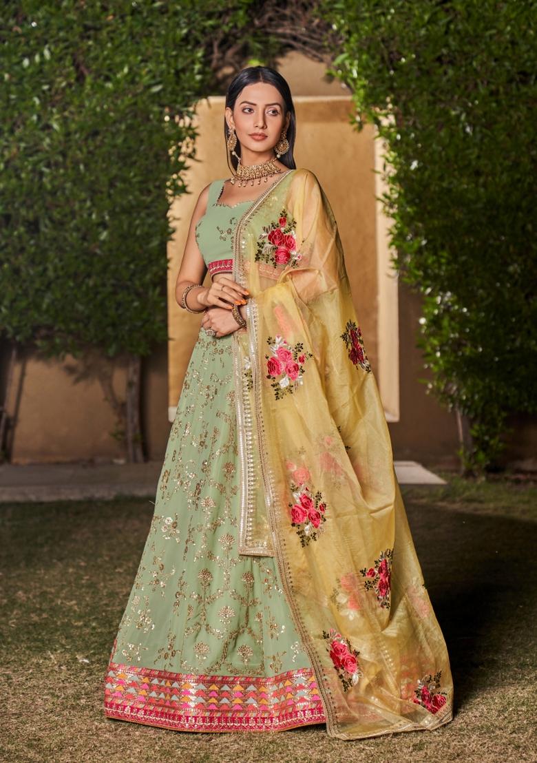 Pista Green Thread Embroidery Crepe Lehenga Set - Indya