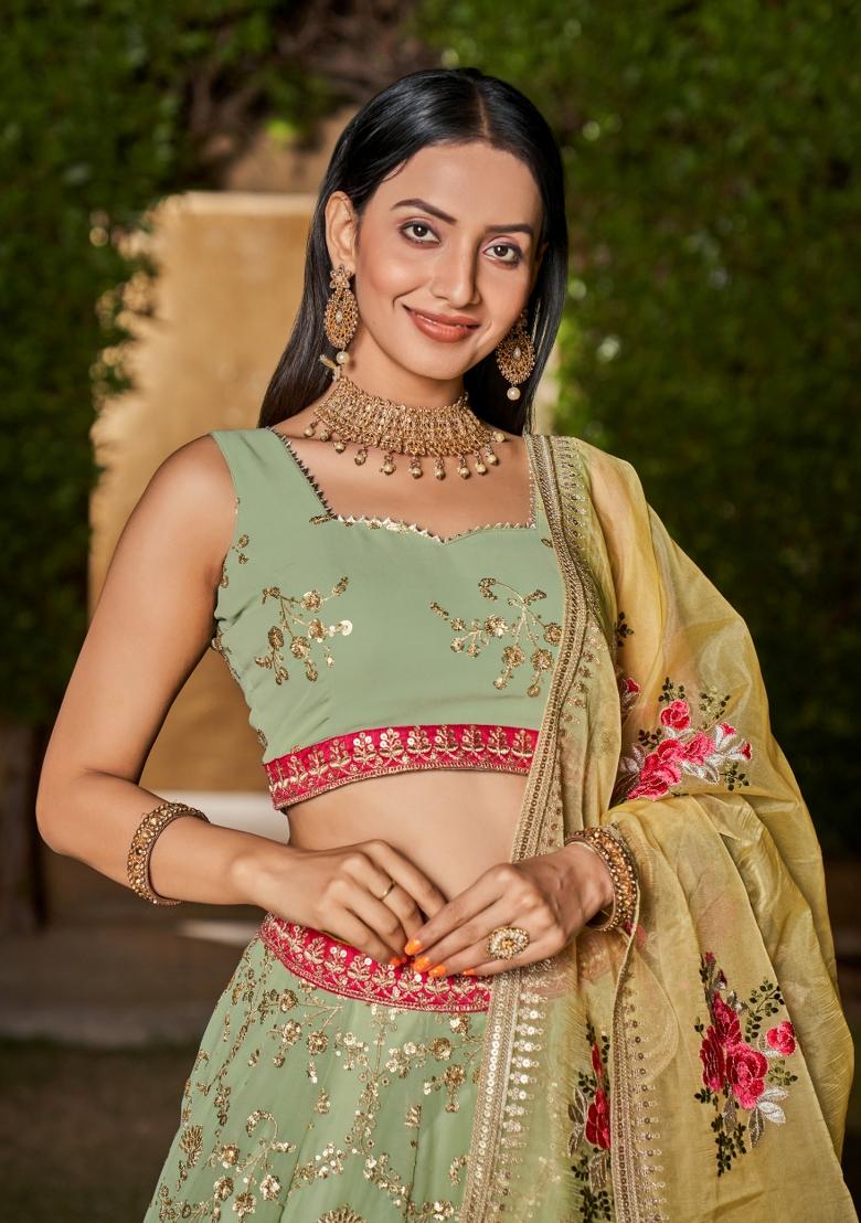Pista Green Thread Embroidery Crepe Lehenga Set - Indya
