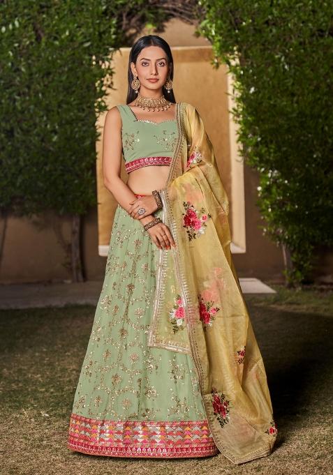Pista Green Thread Embroidery Crepe Lehenga Set