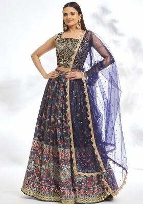 Blue Embroidered Crepe Lehenga Set