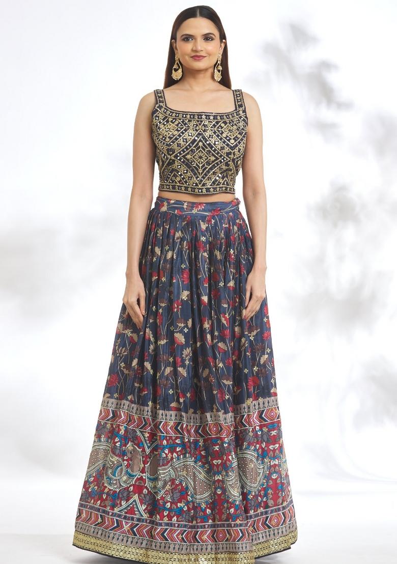 Blue Embroidered Crepe Lehenga Set - Indya