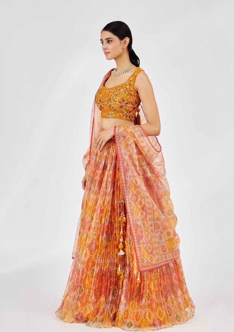 Yellow Digital Print Crepe Lehenga Set - Indya