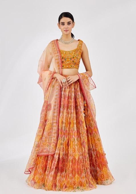 Yellow Digital Print Crepe Lehenga Set