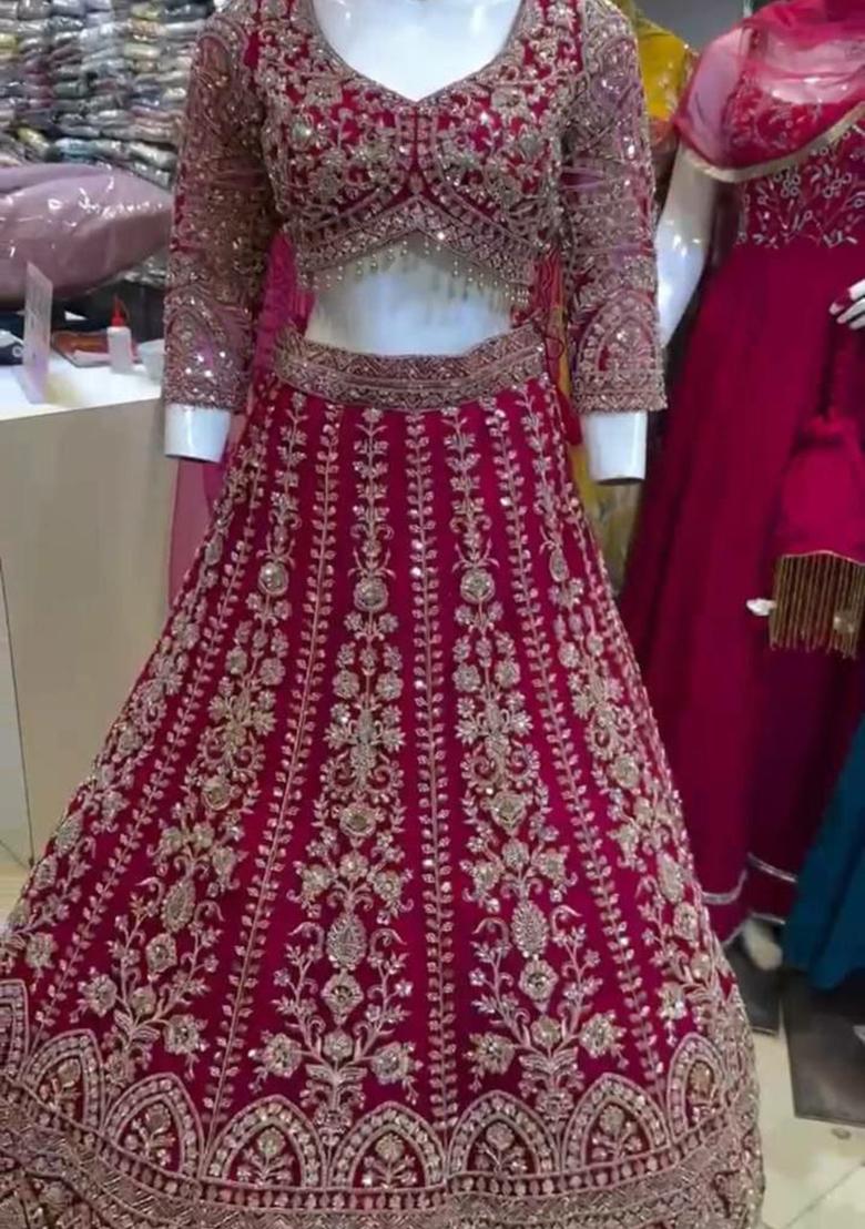 Magenta Embroidery Blended Lehenga Set With Dupatta - Indya