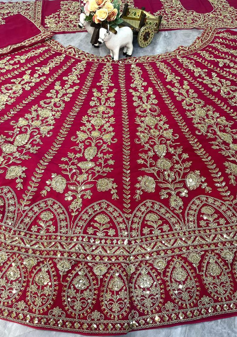 Magenta Embroidery Blended Lehenga Set With Dupatta - Indya