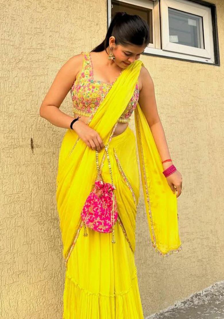 Yellow Solid Blended Lehenga Set With Dupatta - Indya