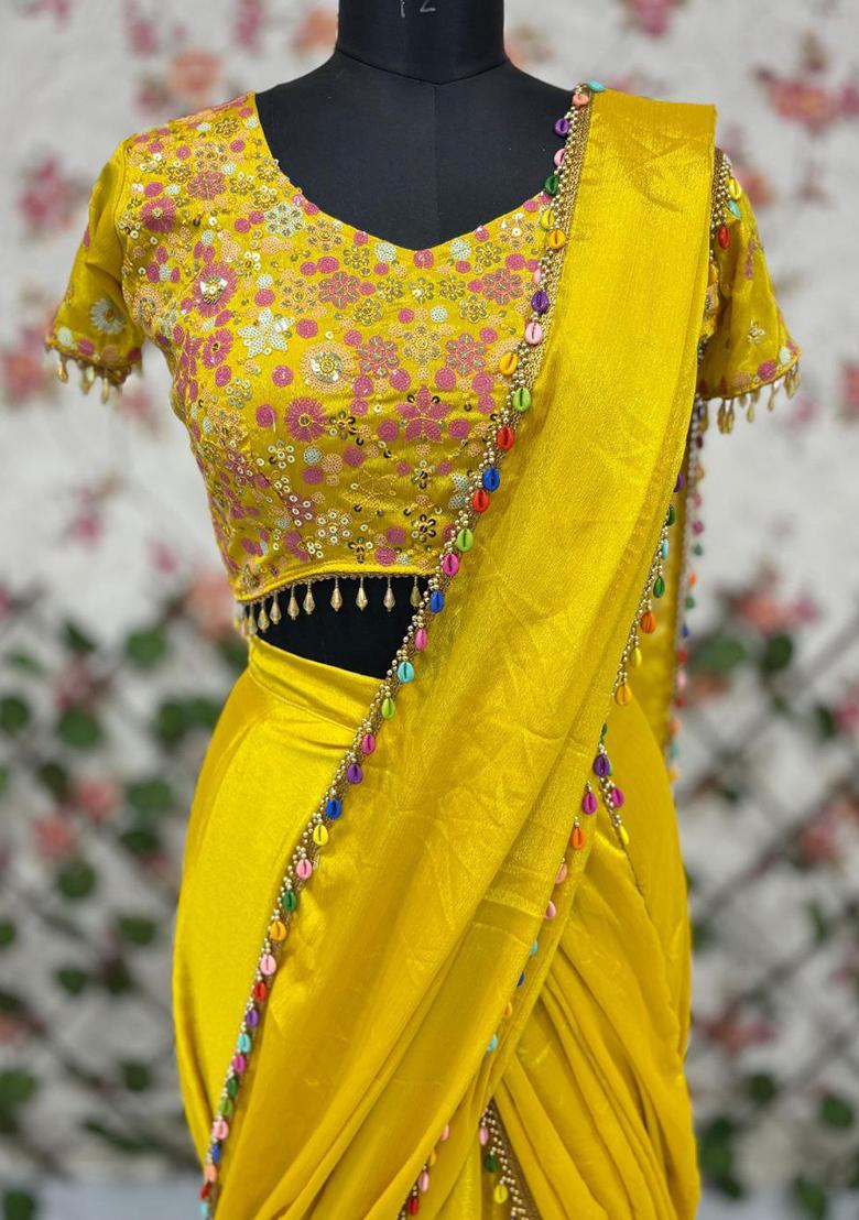 Yellow Solid Blended Lehenga Set With Dupatta - Indya