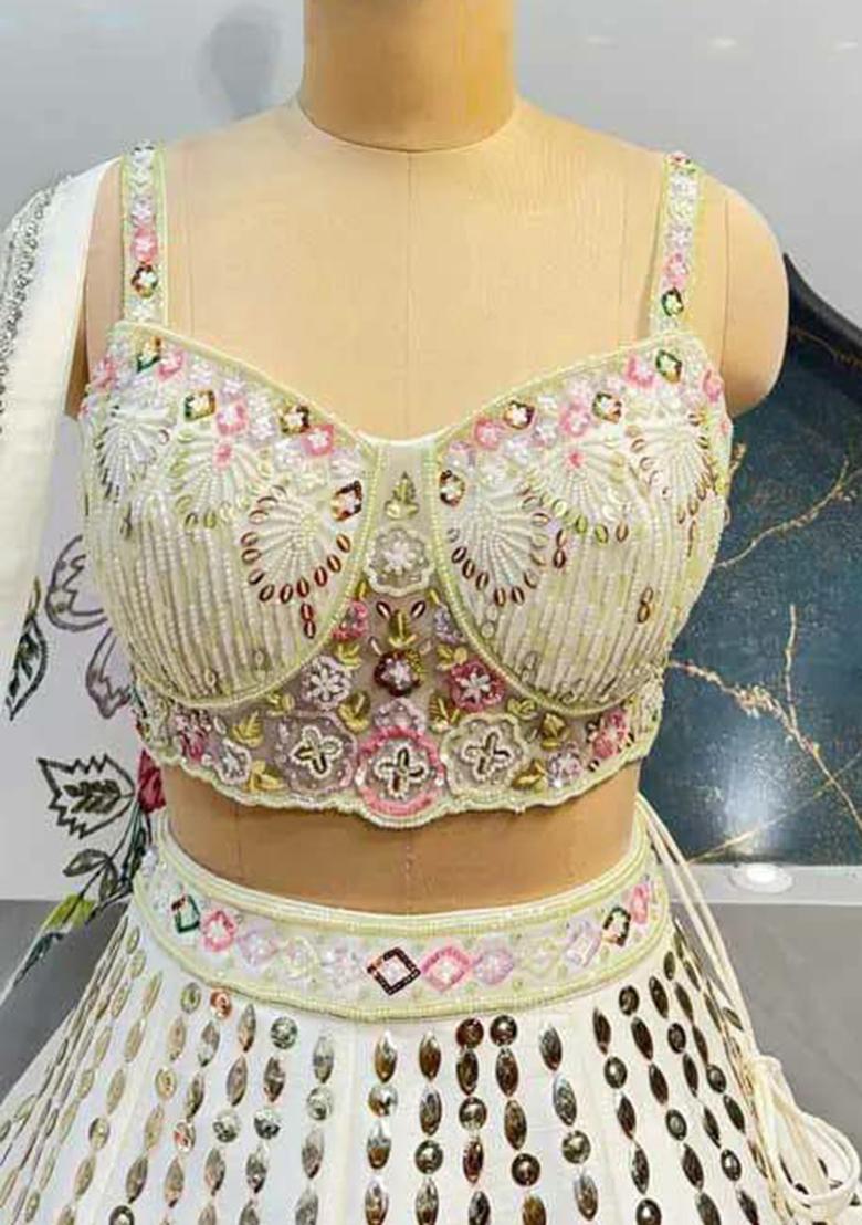 White Embroidery Blended Lehenga Set With Dupatta - Indya