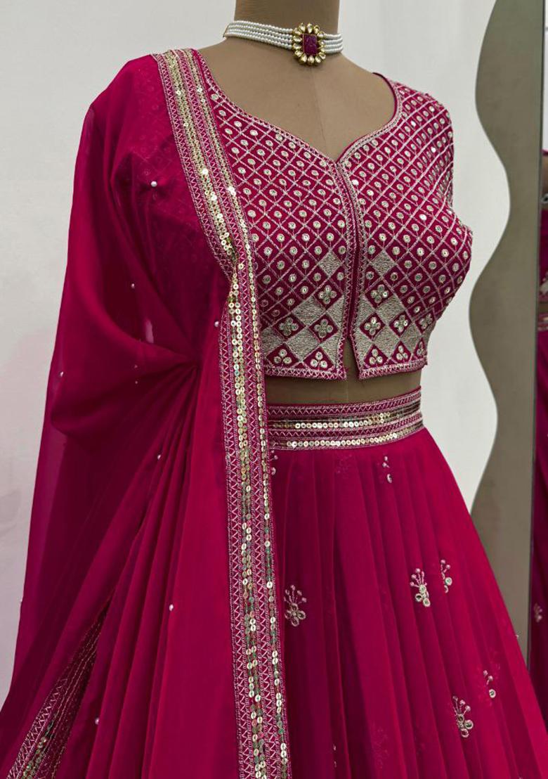 Magenta Embroidery Blended Lehenga Set With Dupatta - Indya