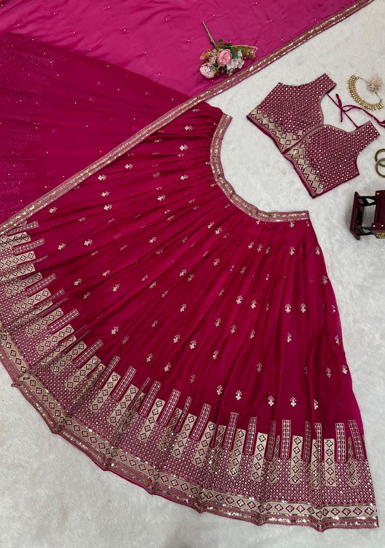 Magenta Embroidery Blended Lehenga Set With Dupatta - Indya