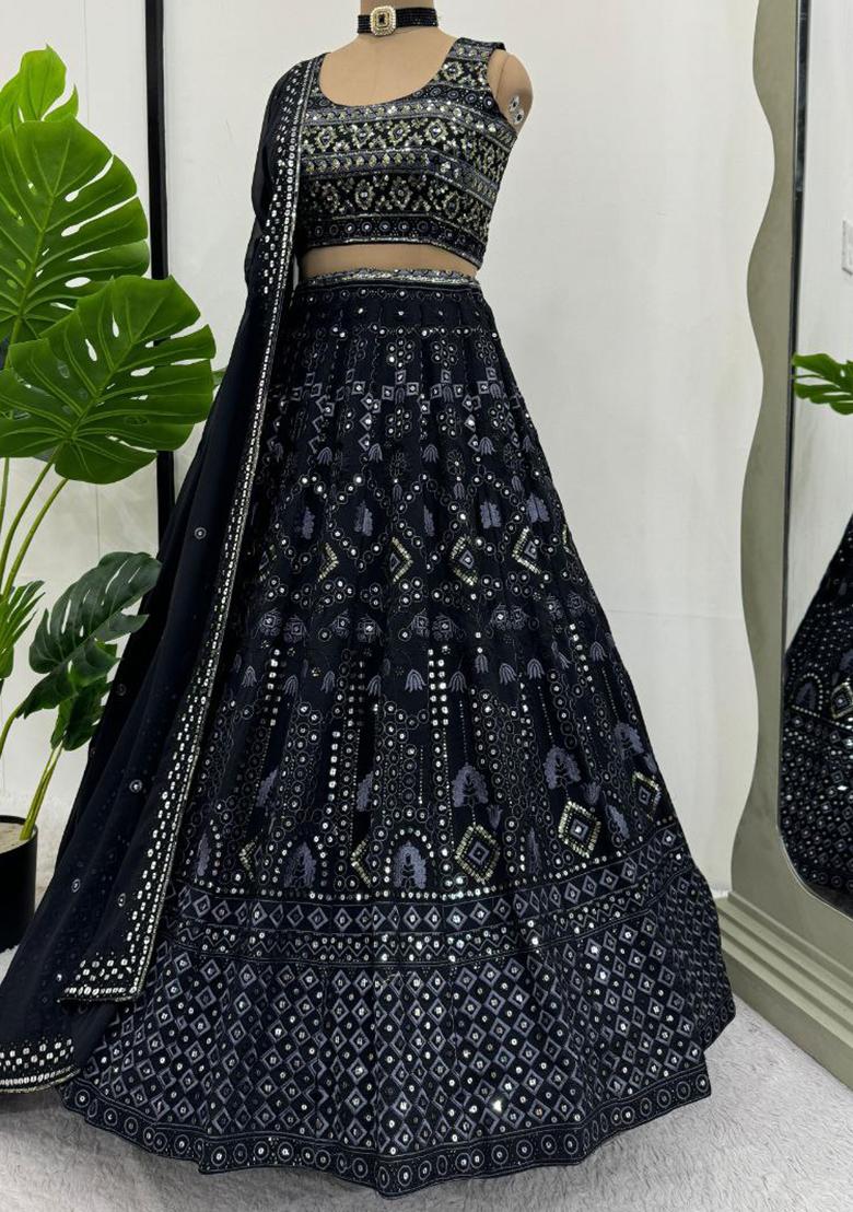 Black Embroidery Blended Lehenga Set With Dupatta - Indya