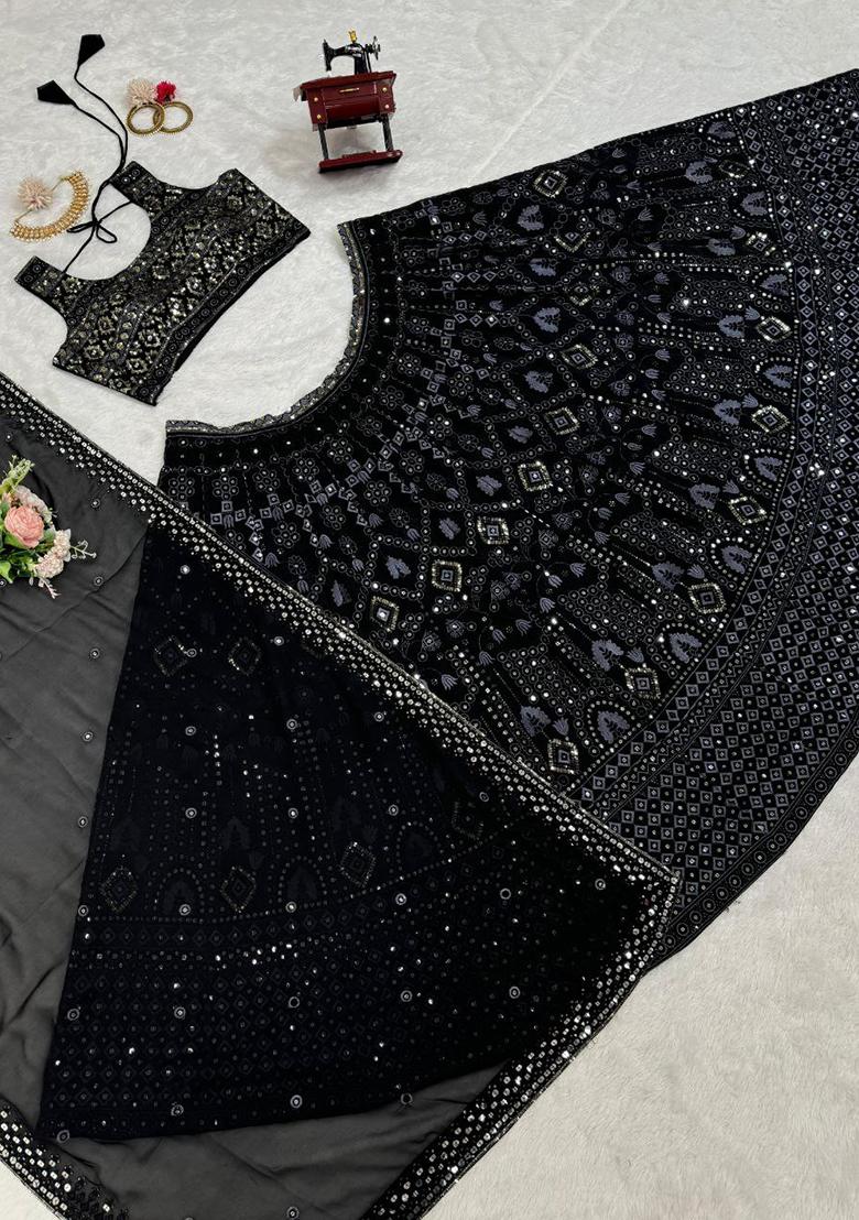Black Embroidery Blended Lehenga Set With Dupatta - Indya