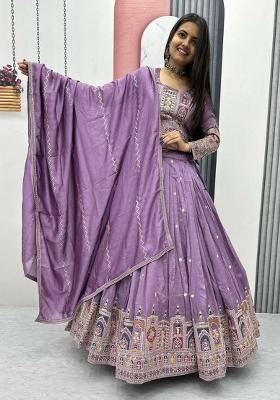Lavender Embroidery Blended Lehenga Set With Dupatta