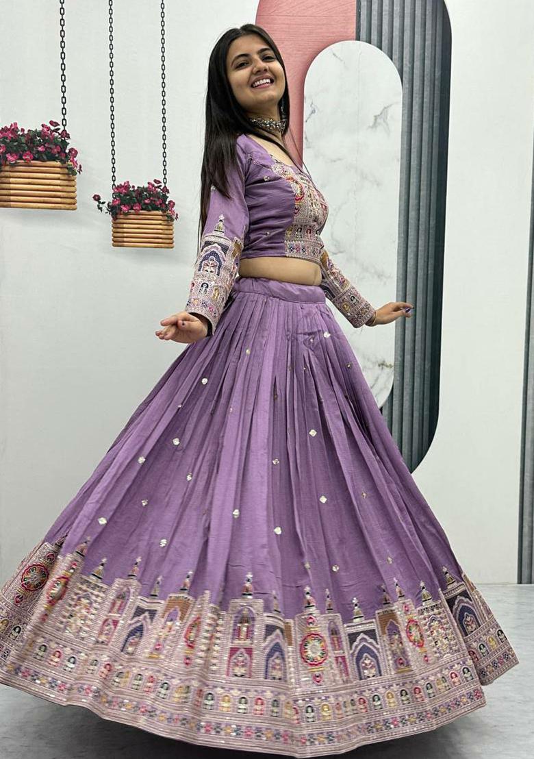 Lavender Embroidery Blended Lehenga Set With Dupatta - Indya
