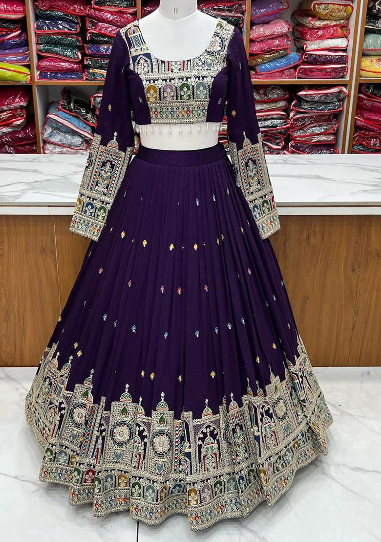 Navy Blue Embroidery Blended Lehenga Set With Dupatta - Indya