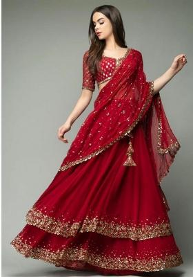Red Cut Work Blended Lehenga Set With Dupatta